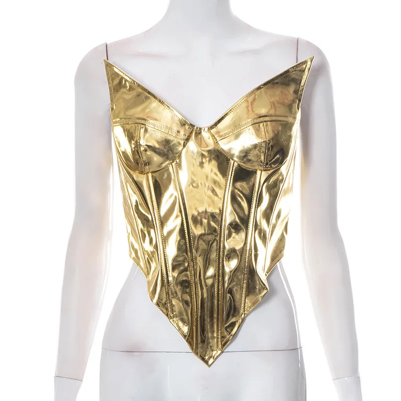 Sexy Women Shiny Gold Silver Bustier Crop Tops Bright PU Leather Crown Girdle Slimming Waist Strapless Low-cut Corset Top Summer