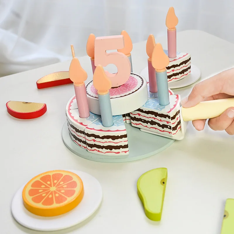 LazyChild Wooden Double Layer Birthday Cake Cutting Pretend Play Kids Educational Toy