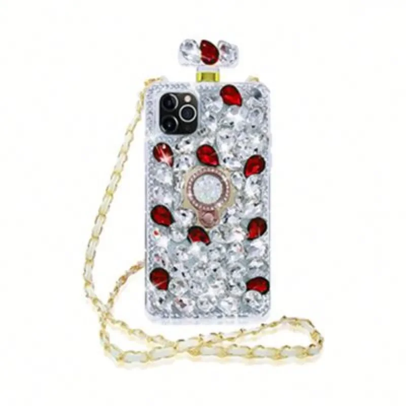 

Rhinestone Bracket Phone with Lanyard, Perfume Bottle, Square Cover for iPhone 16Plus 15, 14, 13, 12, 11 Pro Max, XR, 7, Fashion