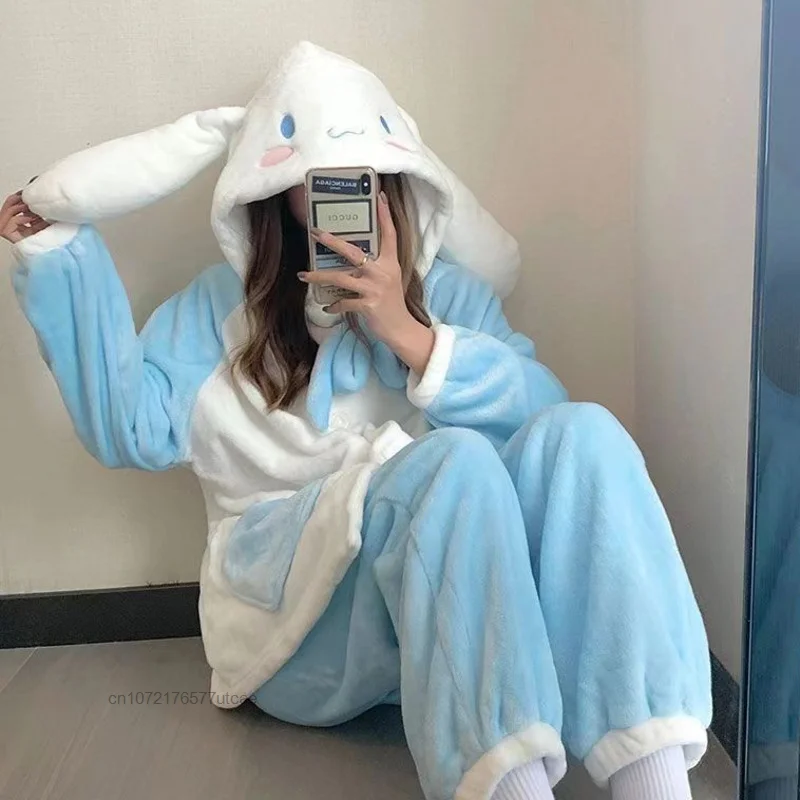 Sanrio Cinnamoroll Plush Cotton Cute Hooded 2 Pcs Pajamas Sets Y2k Sweet Cartoon Oversize Casual Pyjamas Women Winter Home Set