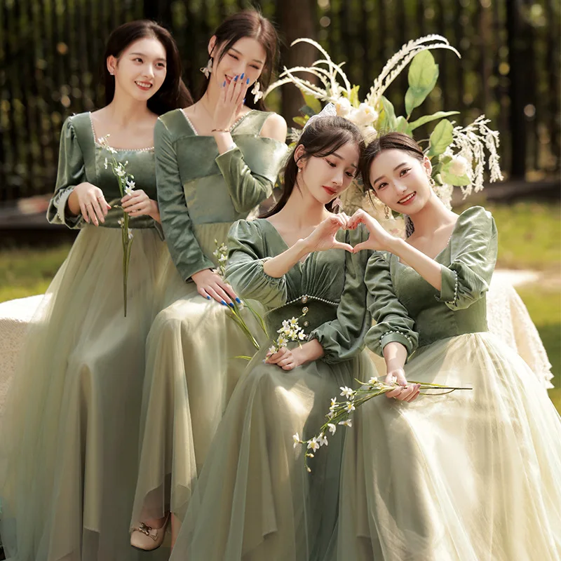 Korean Corduroy Lace Splicing Style Bridesmaid Dresses Summer New Green Evening Dresses Women's Fairy Long Sleeve Dress