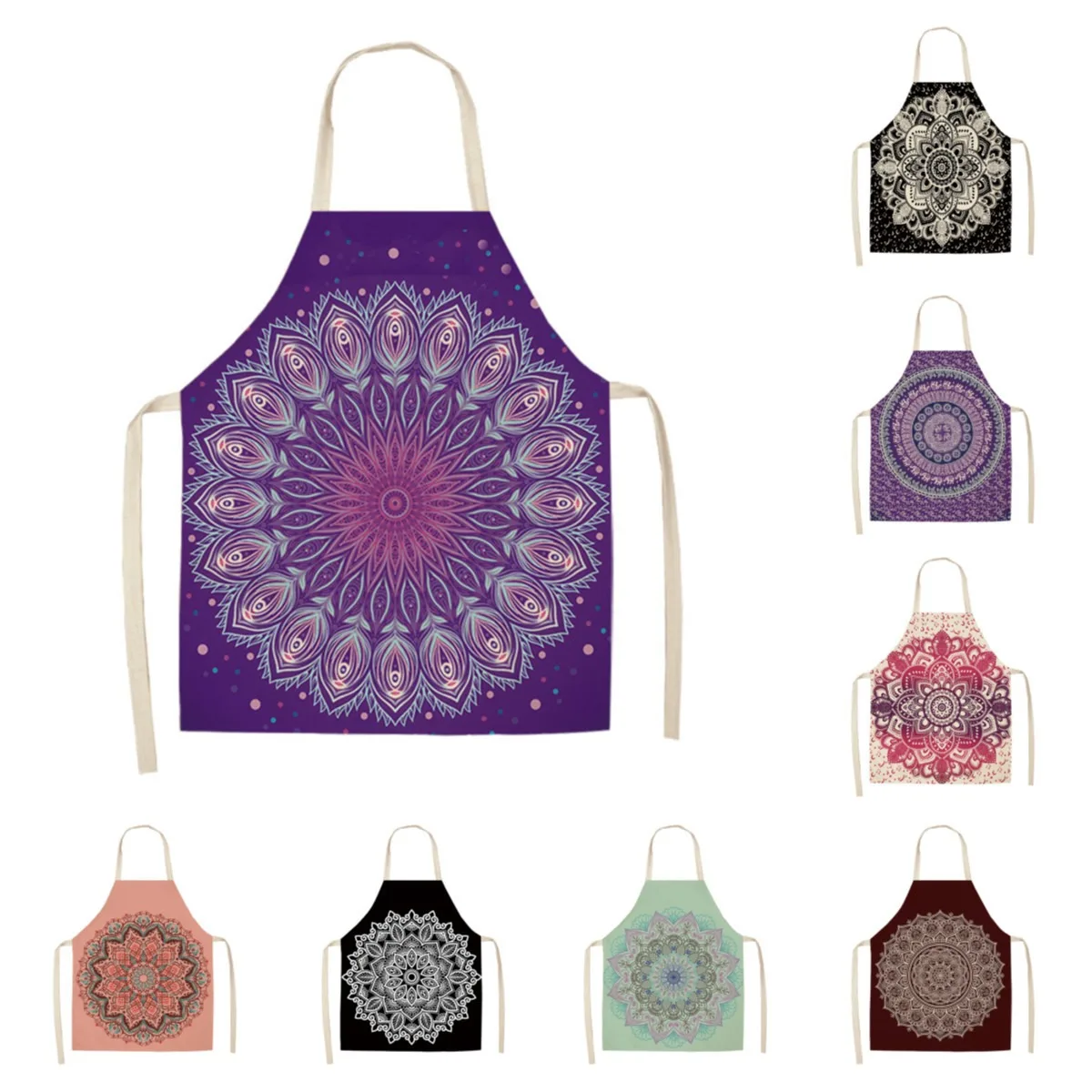 Mandala style pattern oil-proof sleeveless apron home cleaning bib kitchen cooking baking printed linen apron