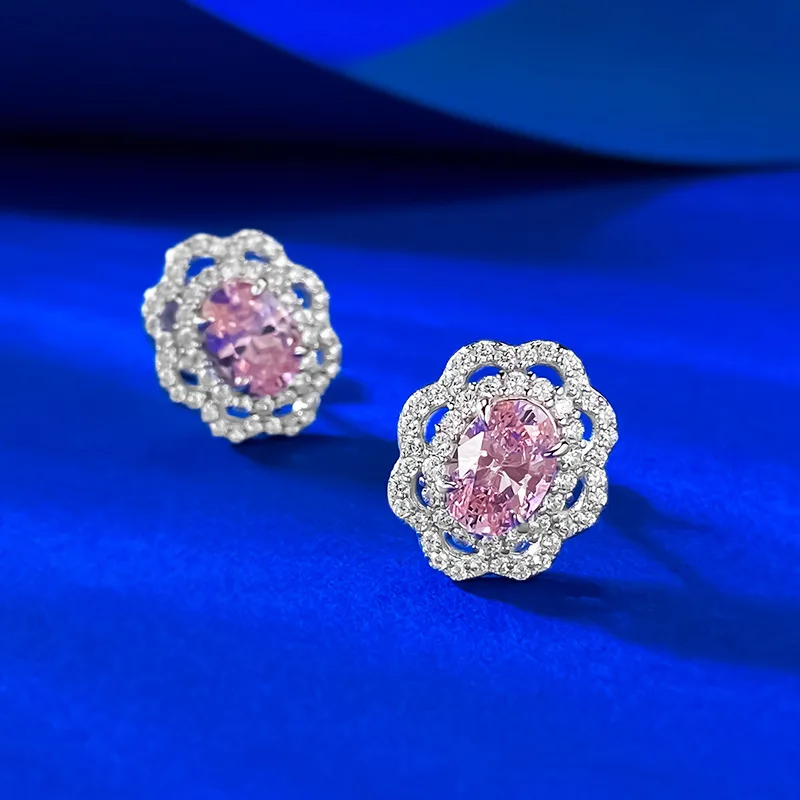 New S925 Silver 5 * 7mm Oval Papalacha Cultivated Earrings with Double-layer Hollow Flowers, Sweet Wedding Jewelry