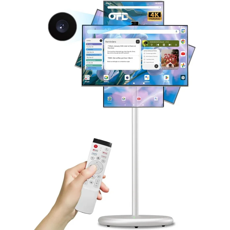 27 In Portable TV on Wheels 2nd Gen 1080P,Android 15 OS,6GB RAM+128GB ROM,100%sRG Swivel Rotation Smart Touchscreen,Rolling