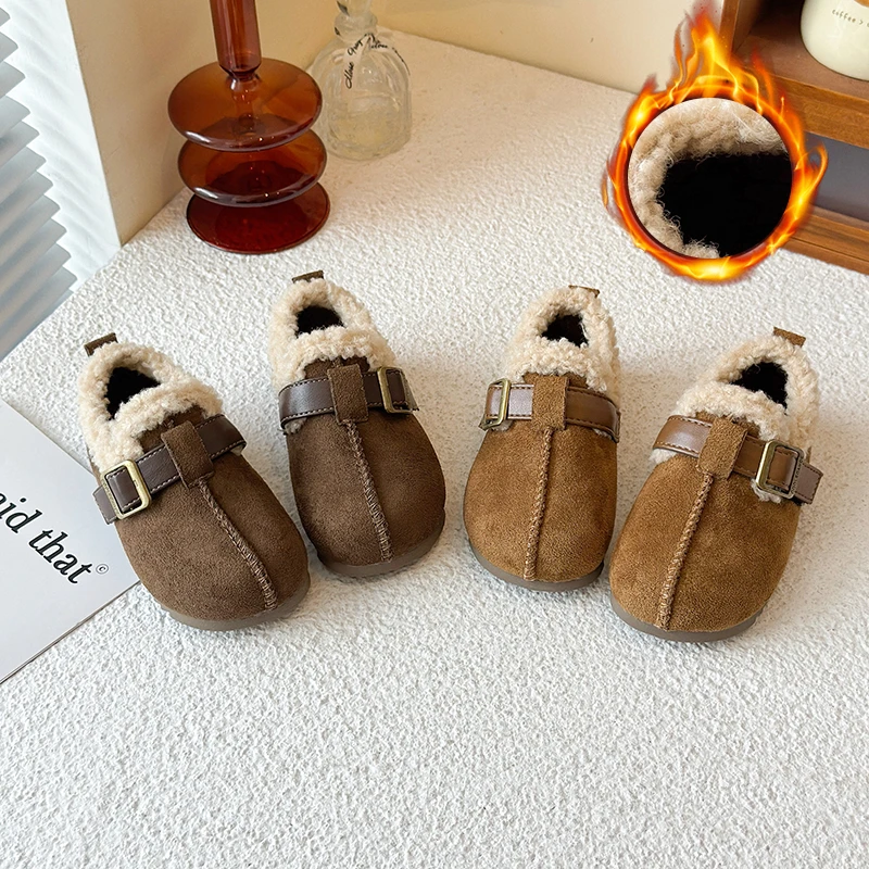 

025 Winter New Children's Cotton Shoes for Girls; Soft Bottom One-piece Fur Warm Leather Shoes
