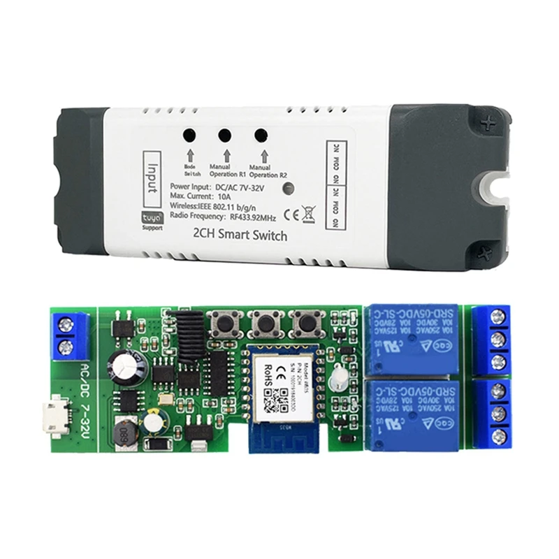 Módulo de relé de interruptor Wifi inteligente Tuya, 2 canales, CA/CC, 7-32V, RF/aplicación, Control remoto inalámbrico, hogar inteligente para Alexa y Google Home, 1 ud.