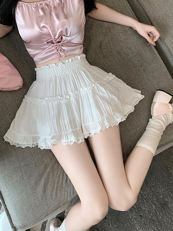 プラスサイズ女性用ホワイトレーストリムハイウエストパフスカート春夏新作スイートケーキスカート（全体型対応）