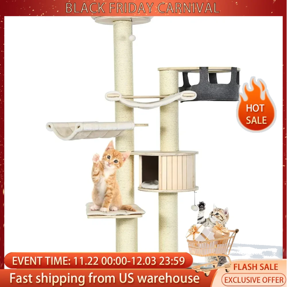 Large Cat Tree, Multi-Level Tall Cat Tower with Sisal Scratching Posts, Removable Washable Cushions, Modern Wood Cat Tree