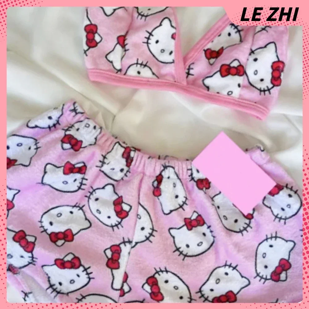 Summer Day Kawaii Hello Kitty 2Pcs Pajama Set Spice Girl Casual Home Shorts Full Print Beach Holiday Set Women Swimming Clothes