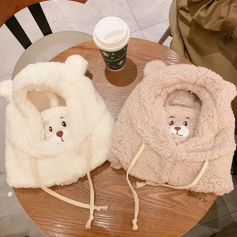 Cartoon Bear Ear Lamb Beanie Hat with Mask Warm Winter Thickened Ear Protection Face Mask Bib Hat Winter Riding Thicken Hats