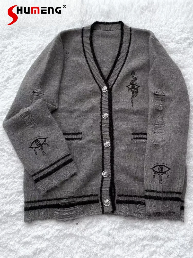 

Original Japanese Subculture Gothic Loose Knitted Cardigan Spring and Autumn New Girl's Sweet Cool Hole V-neck Knitted Jackets