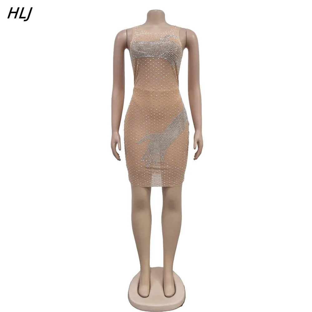 HLJ เซ็กซี่ตาข่ายมุมมอง Rhinestone Bodycon Party Club มินิเดรสผู้หญิงรอบคอ Slim Vestidos เสื้อผ้าแฟชั่น