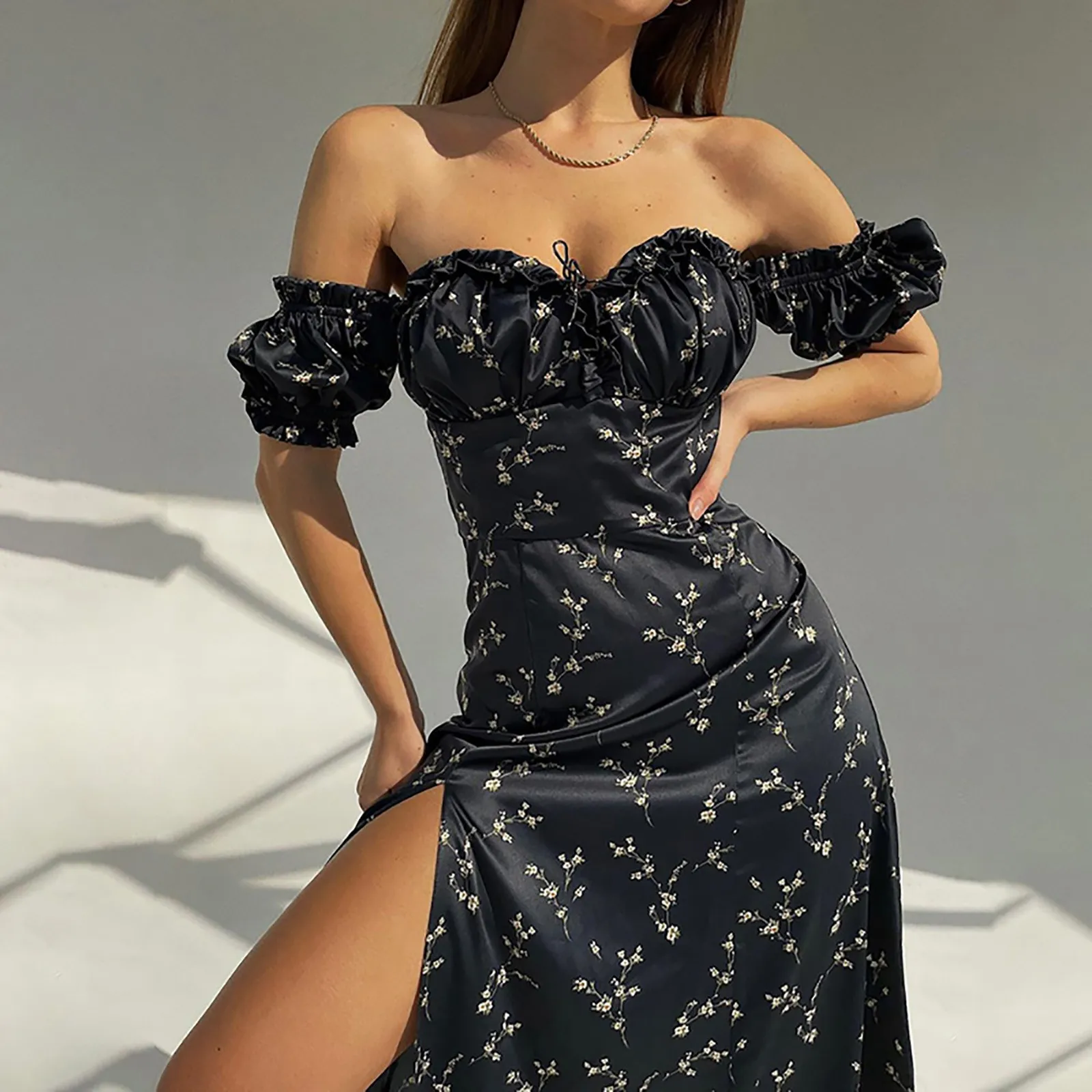 

Female Sexy Off Shoulder Backless Dress Women Summer One Neck Sleeveless Floral Printed Dress Ladies High Split Dresses Holiday