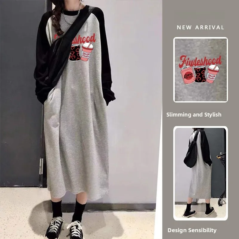 فستان نسائي طويل فضفاض بأكمام طويلة وياقة مستديرة للخريف المبكر، مناسب للنساء ذوات الأحجام الكبيرة، فستان طويل للربيع والخريف