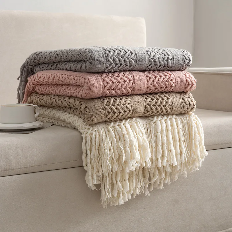 

Suitable for All Seasons Pure Color Knitted Blanket with Tassels Imitating Cashmere Fabric Warm Shawl Sofa Cover Bedspread Cover