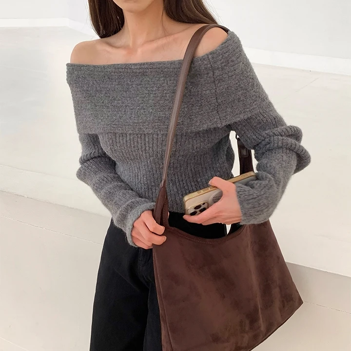 Korean Style Vintage Knitted Shoulder Bared One-Shoulder Lazy Style Sweater Top Simple Match All Season Women's Fashion