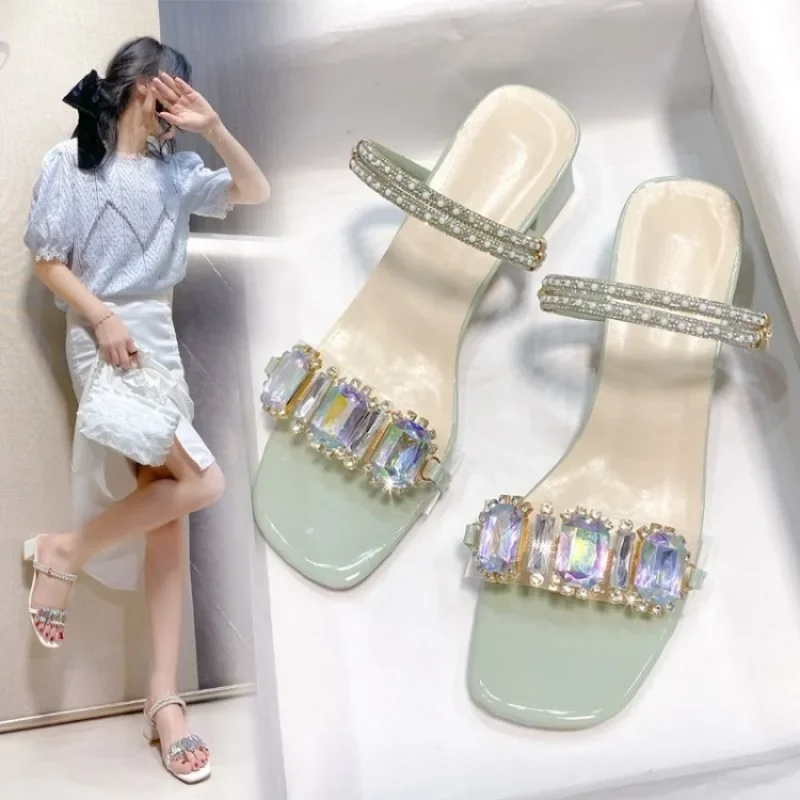 Fashion Rhinestone Sandals for Women Summer 2024 Square Heels Open Toe Slippers Woman Transparent PVC Jelly Sandal Mujer