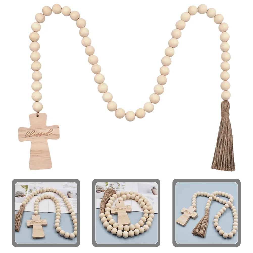 

Wood Bead Garland Tassel Cross Rustic Tiered Tray Ornament Party Home Wall Hanging Decoration Holiday Wooden Beaded Garland