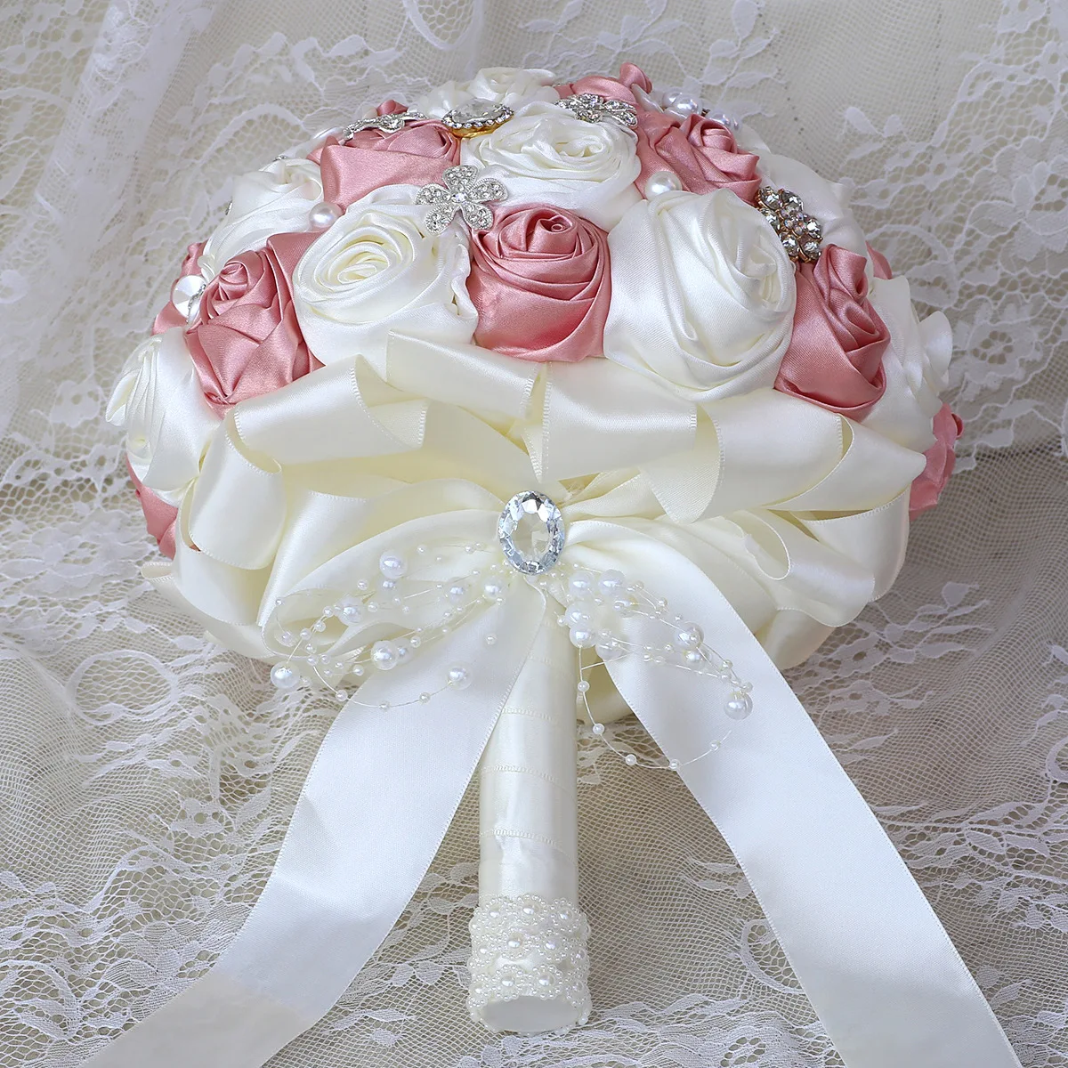 

Pink Bridal And Bridesmaid Bouquets Exquisite Rhinestones Silk Roses And Pearls Handmade Sisters Wedding Bouquets