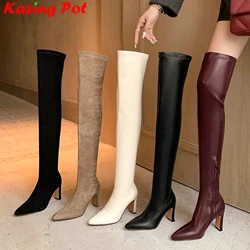 Krazing Pot Fashion Flock Pointed Toe High Heels Stretch Long Boots Winter Luxury Elegant Dating Sexy Women Over-the-knee Boots