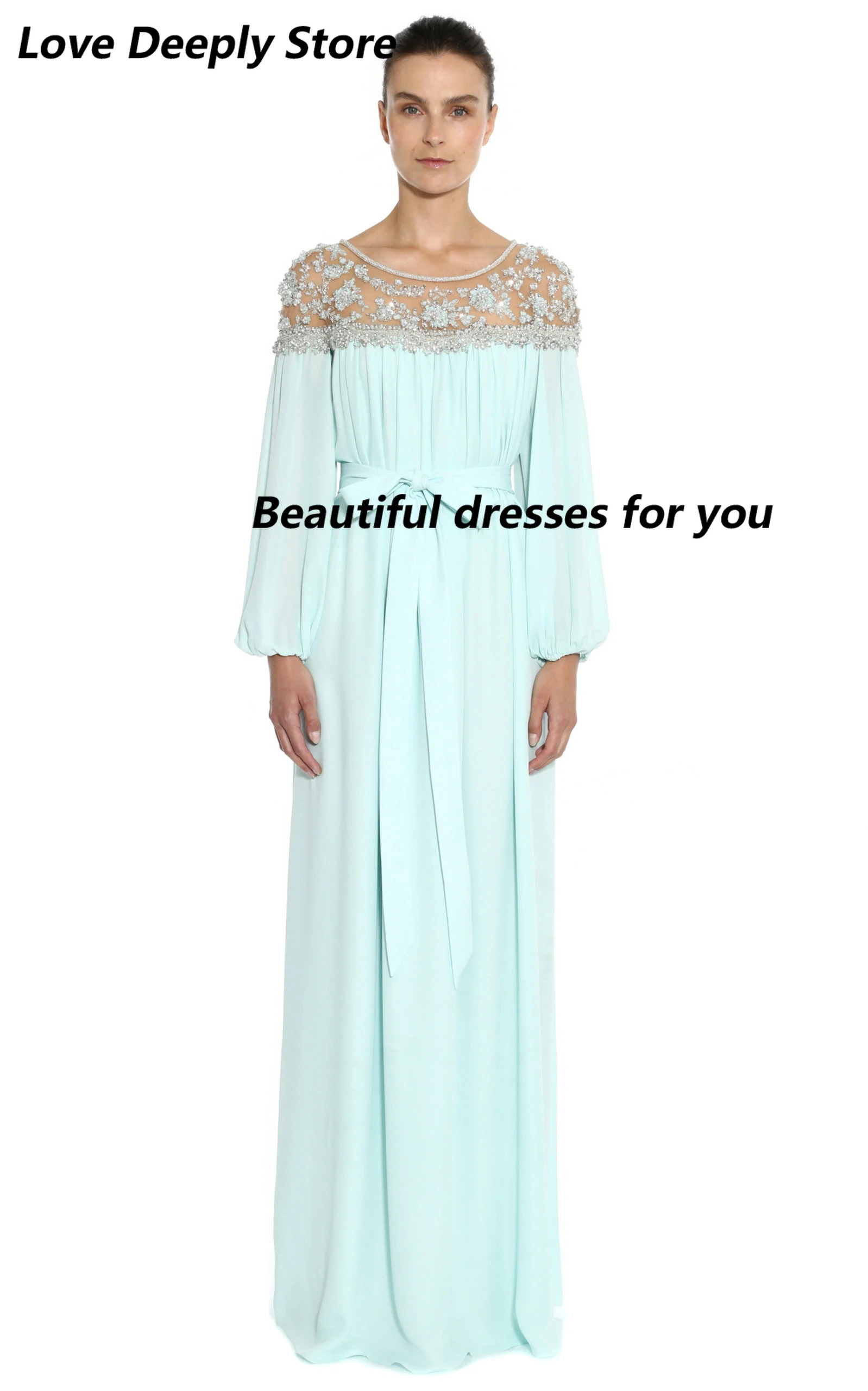 Customized Long Sleeves Crystal Chiffon Evening Dresses A-line Floor Length vestidos de fiesta for Party Dresses New Arrival