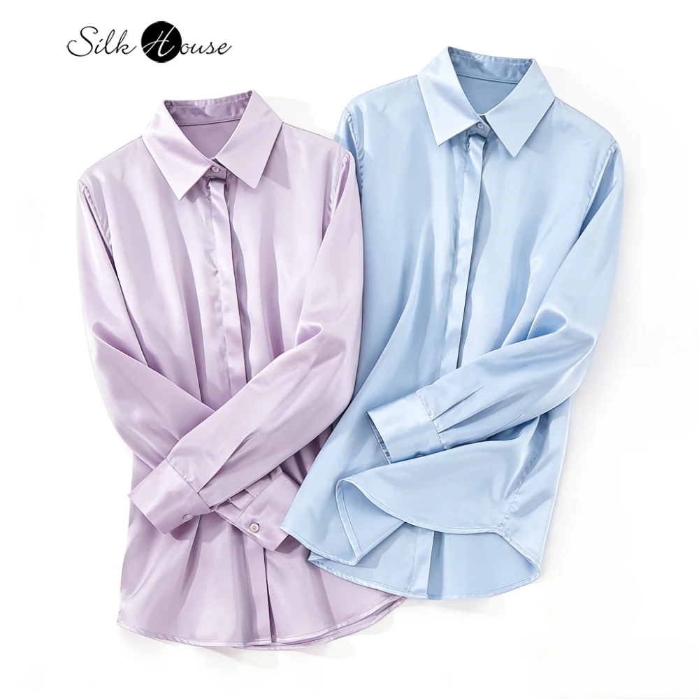 

2026 Women's Fashion Spring Clothing 90% Natural Mulberry Silk Elastic Satin Lapel OL Style Long Sleeve Office Shirt