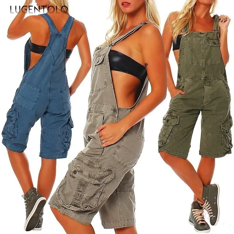 

Women Denim Overalls Rompers Suspenders Big Pocket Casual Sleeveless Female New Fashion Spring Summer Street Playsuits