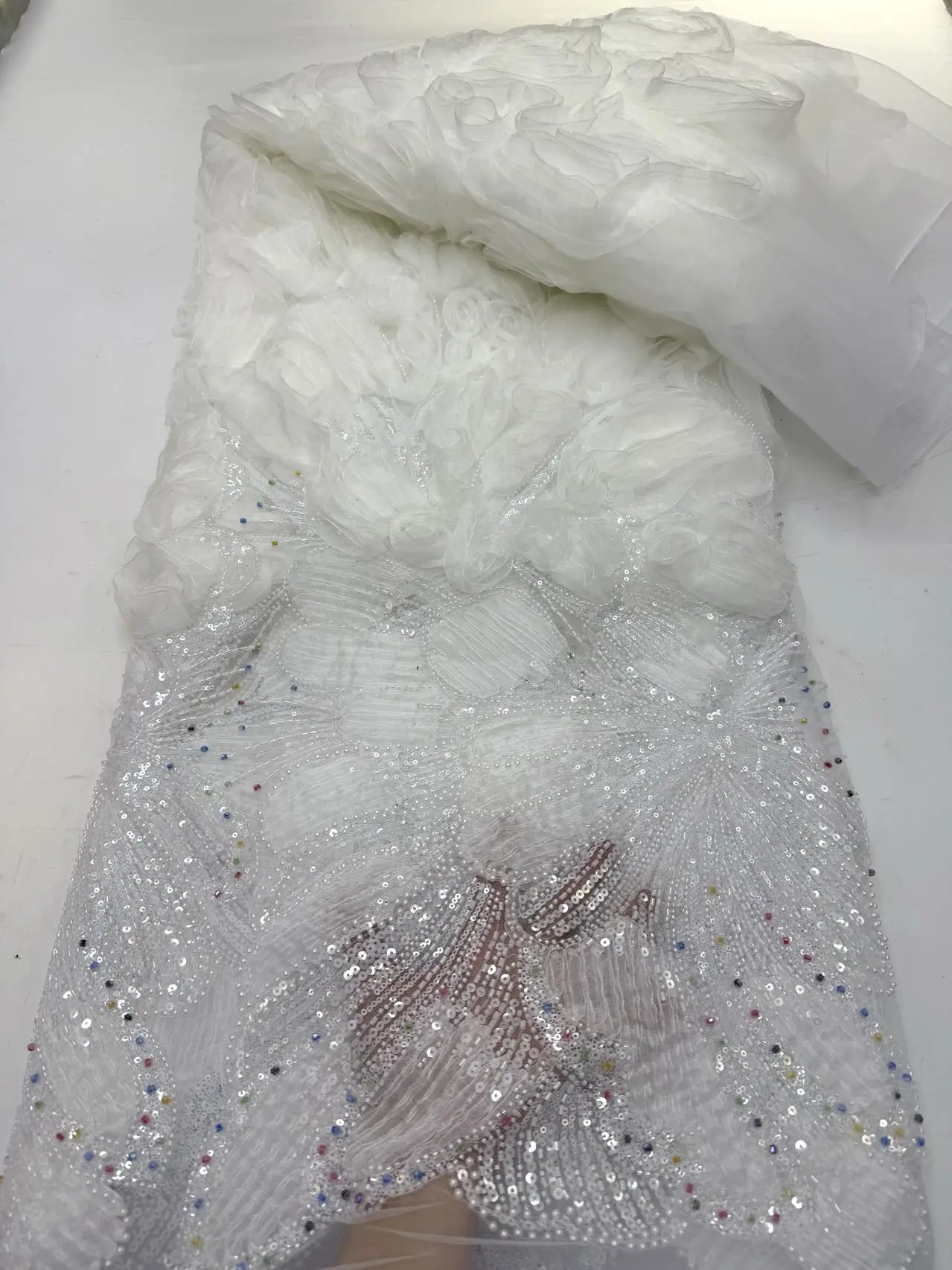 3D 패션 아프리카 비즈 레이스 원단 5야드 피치 프렌치 스팽글 자수 메쉬 레이스 원단 여성 웨딩 파티 드레스 1981