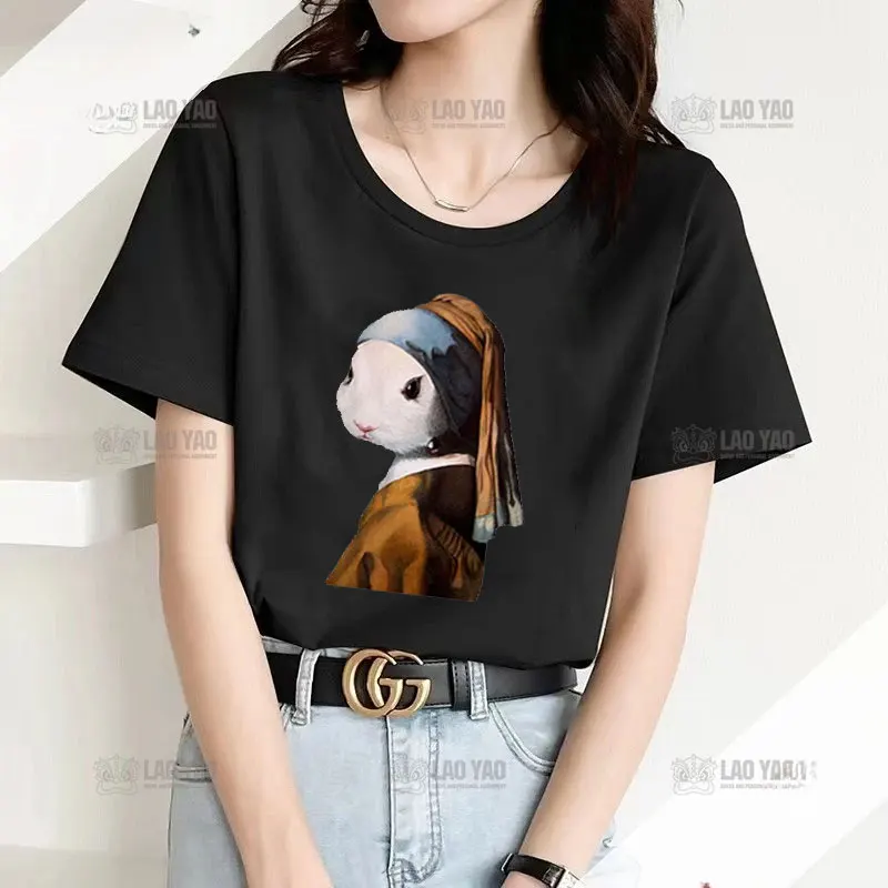 Estilo paródia vestindo pérola coelho pintura mundialmente famosa impressa camiseta moda feminina tshirt conforto casual camisetas humor topos