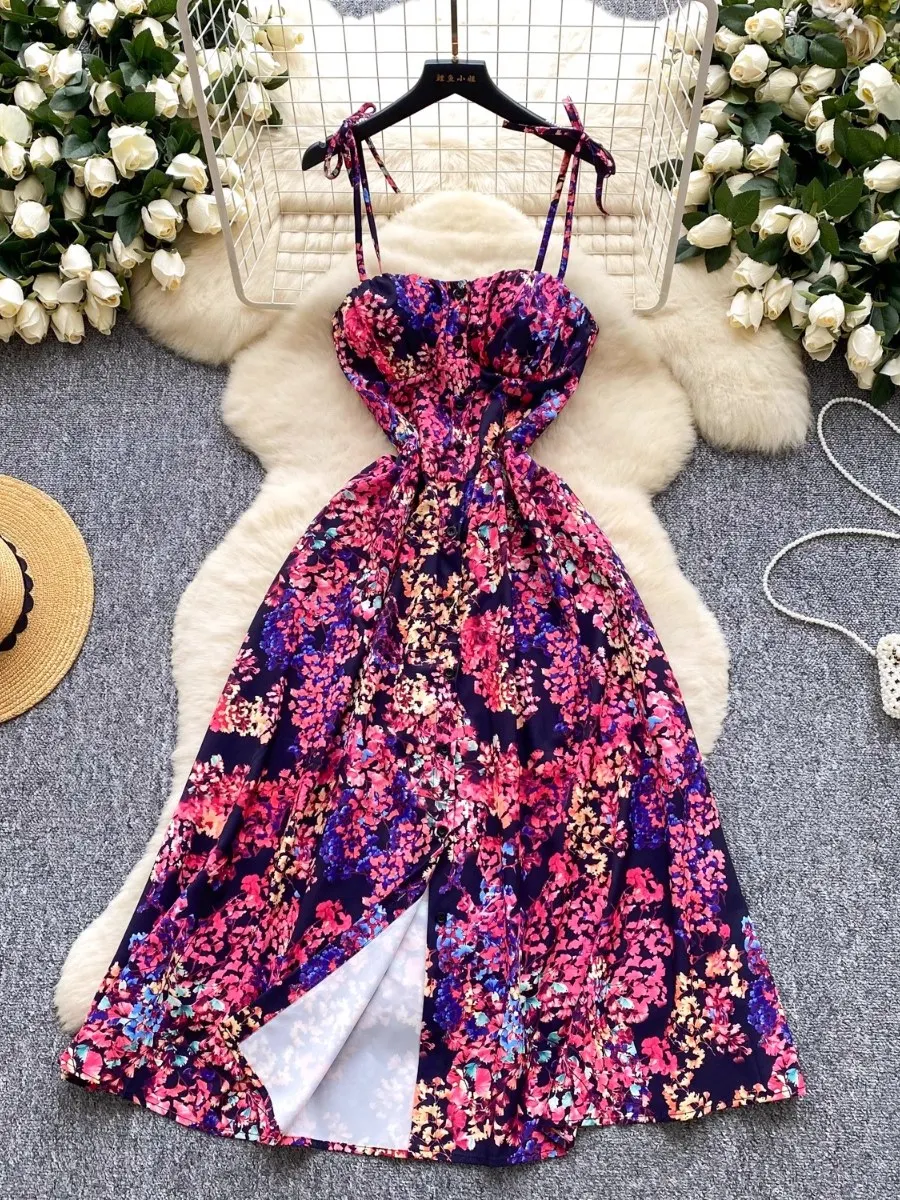 Foamlina Francuska Sukienka Midi Retro z Kwiatowym Nadrukiem, Wiązana na Szyi, Letnia, z Rozcięciem, Podkreślona w Talii, Dopasowana, Elegancka, Unikatowa