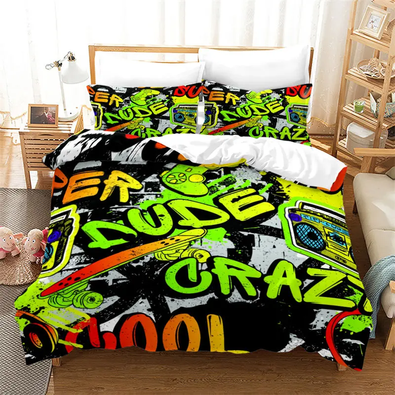 Modern Hippie Graffiti Duvet Cover Teenager Style Image Street Wall Graffiti Graphic Colorful Design Artwork Print Bedding Set