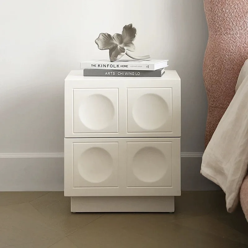 *Simple wooden two-drawer bedside table, round relief, hotel white bedroom