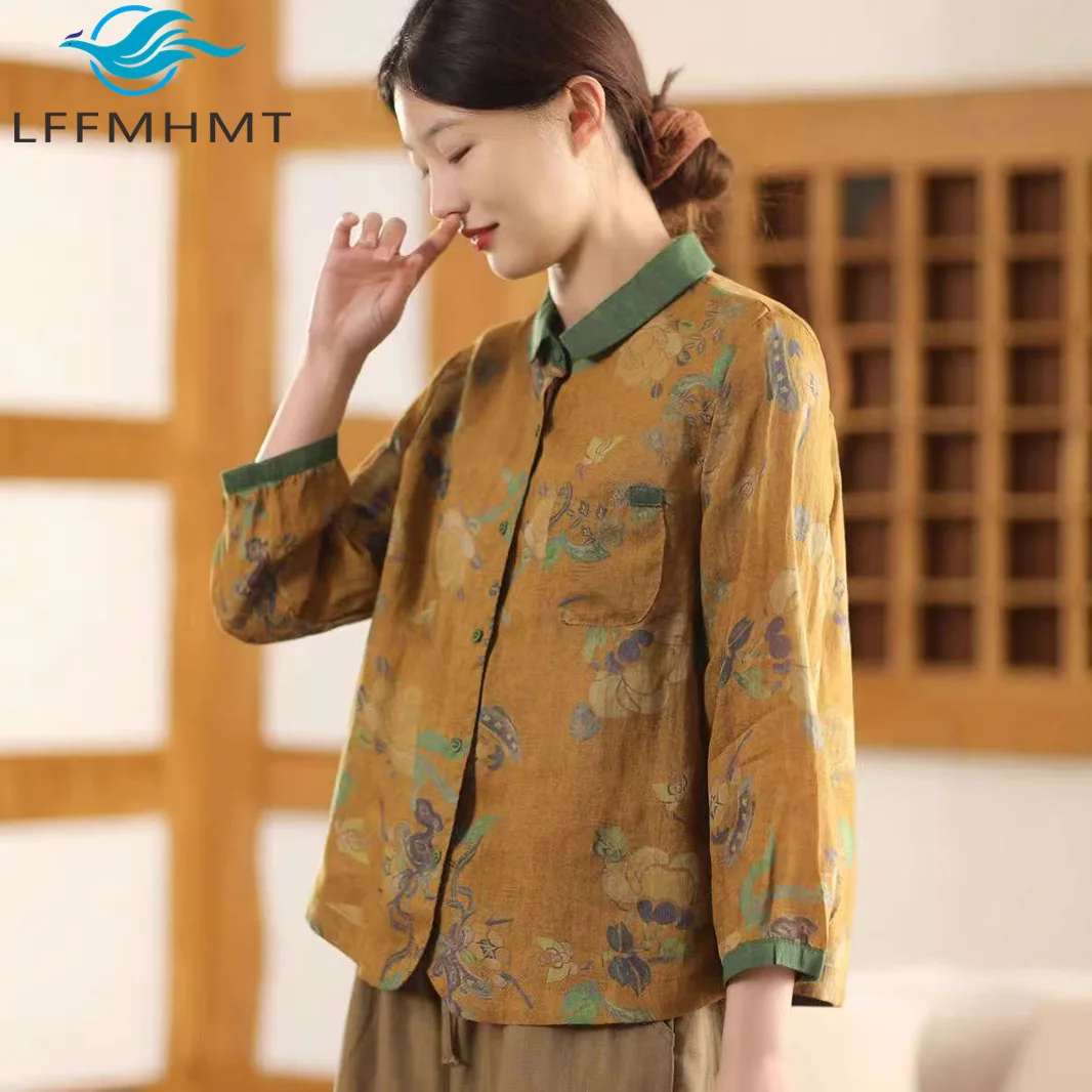 

100% Linen Good Quality China Retro Style Vintage Print Shirt for Women Spring Autumn Long Sleeve Patchwork Elegance Blouse Tops