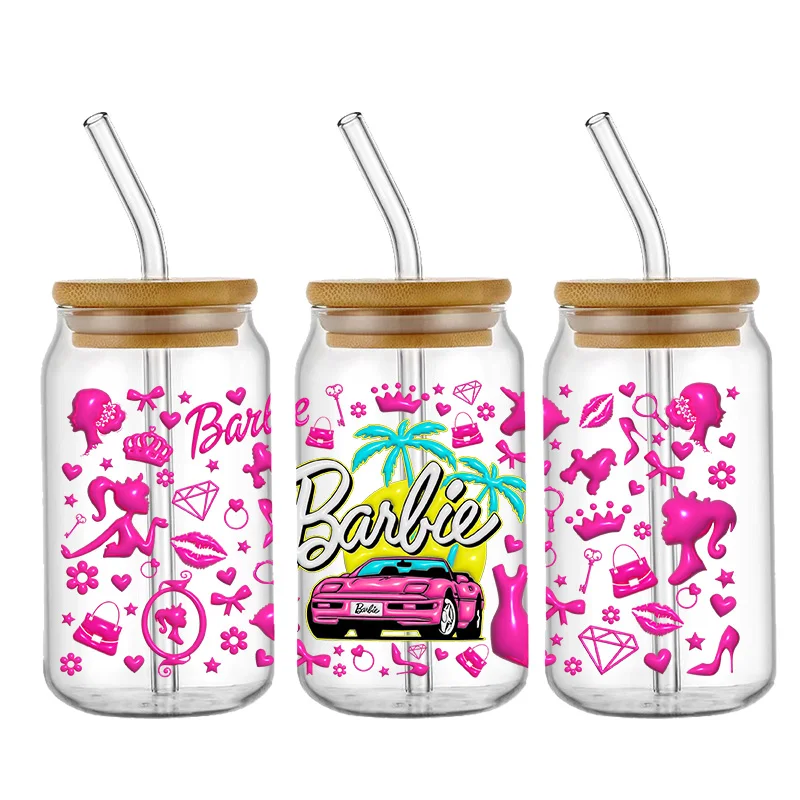 카툰 바비 소녀 UV DTF 컵 랩 전송 스티커, 유리 리비 캔 병 자체 접착 세척 가능, DIY 커스텀, 16OZ