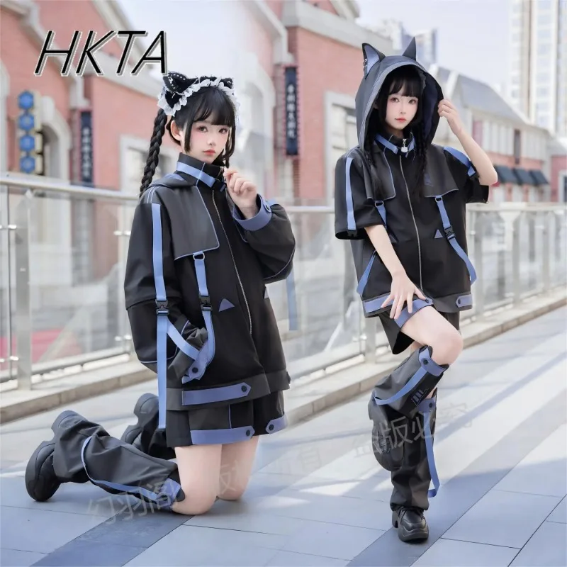 Subculture Goth Y2k-Chaqueta deportiva con mangas extraíbles para mujer, traje holgado y dulce, Top de Anime bidimensional, pantalones cortos negros y azules