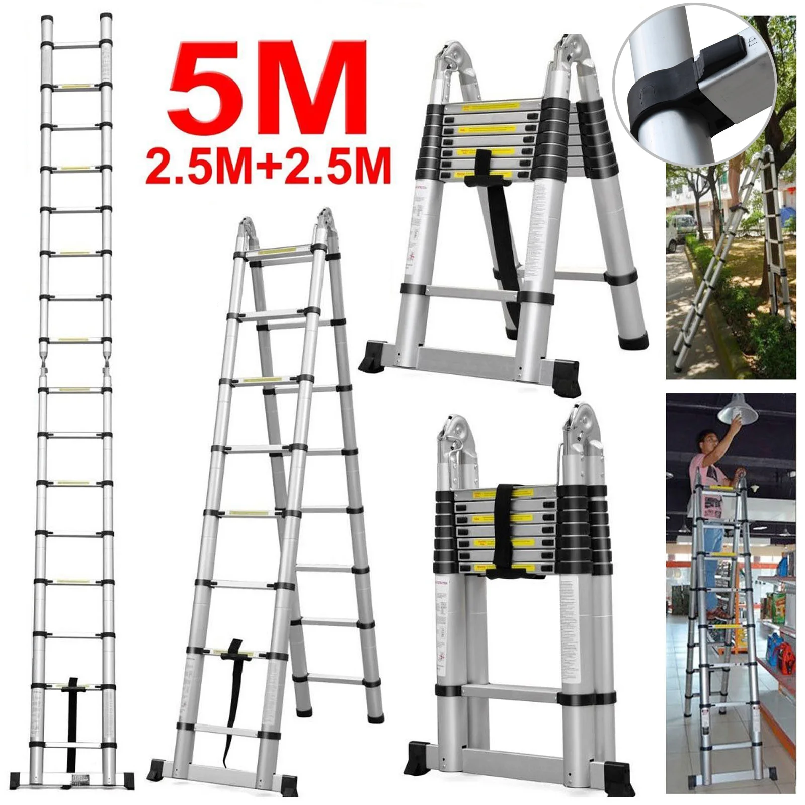 Escalera de aluminio telescópica multiusos, escalera plegable extensible, escalones antideslizantes, capacidad de carga de 150 kg, 16,5 pies (8,2 pies + 8,2 pies)/5M