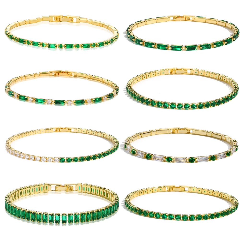 New Trendy Emerald Cubic Zirconia Jewelry 18K Gold Plated Charm Green CZ Crystal Tennis Female Bracelets Bangles for Women Gift