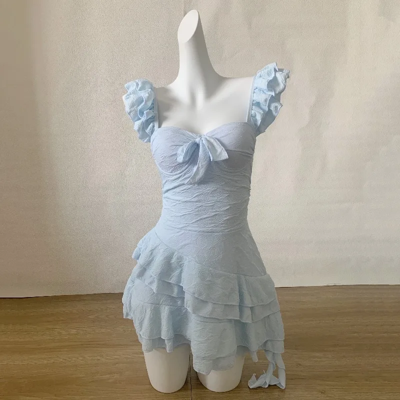 

2025 New Swimsuit Solid Color Versatile Daily Sweet Girl Ruffled Strapless Slim One-Piece Swimsuit Beach Vacation Swimsuit Women