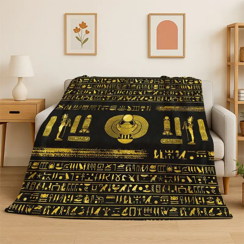 Retro Egyptian Mural Hieroglyphics Symbol Flannel Blanket Soft Warm Throw Blanket for Bedroom Living Room Bed Travel Picnic Gift