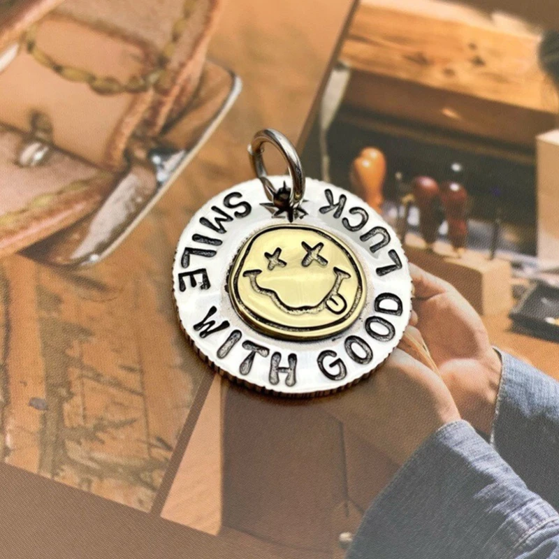 Silver New Trendy Smile Pendant for Men and Women Hip Hop Lucky Letter Round Brand Retro Jewelry