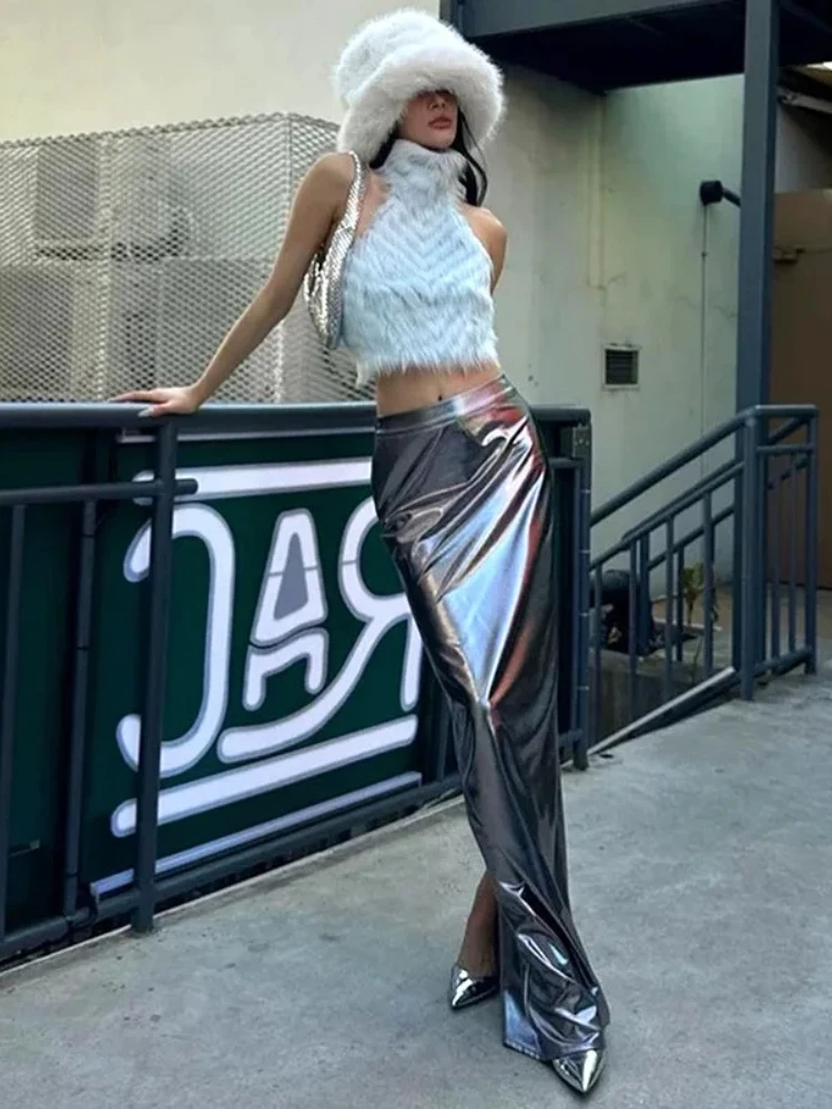 

Silver Long Skirt for Women Streetwear Ankle Length Korean Fashion Clothing Faldas Largas Y2k Clothes Slim Fit Jupe Longue Femme