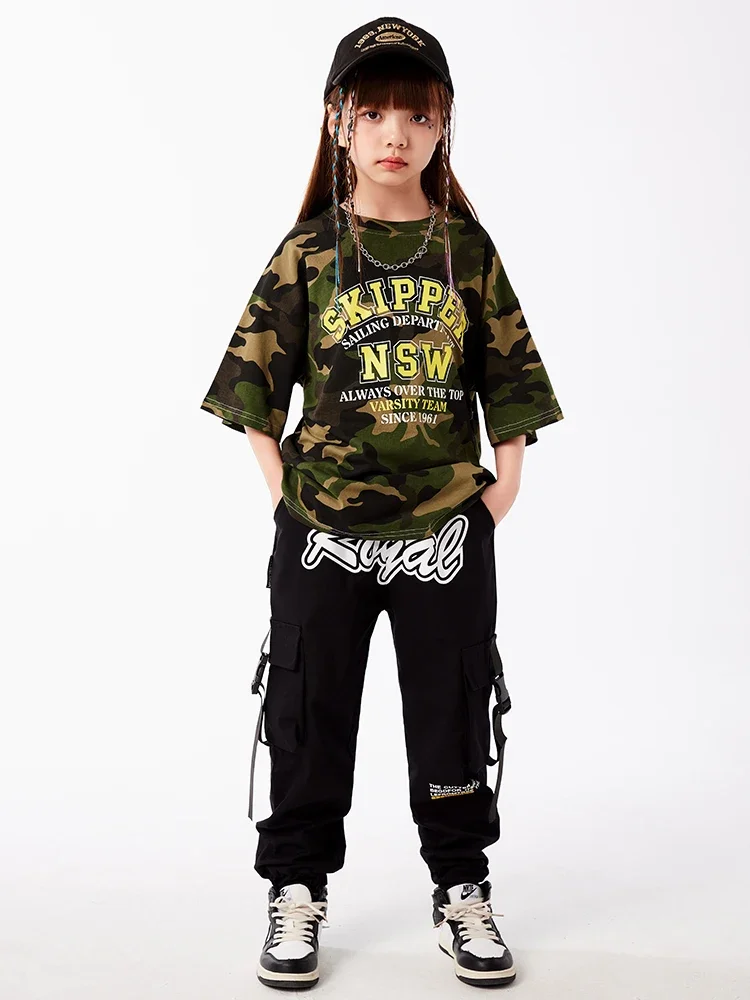 Girls Boys Teenage Jazz Dance Costume Clothes Kids Hip Hop Clothing Showing Outfits Camo Tshirt  Black Cargo Joggers Pants for