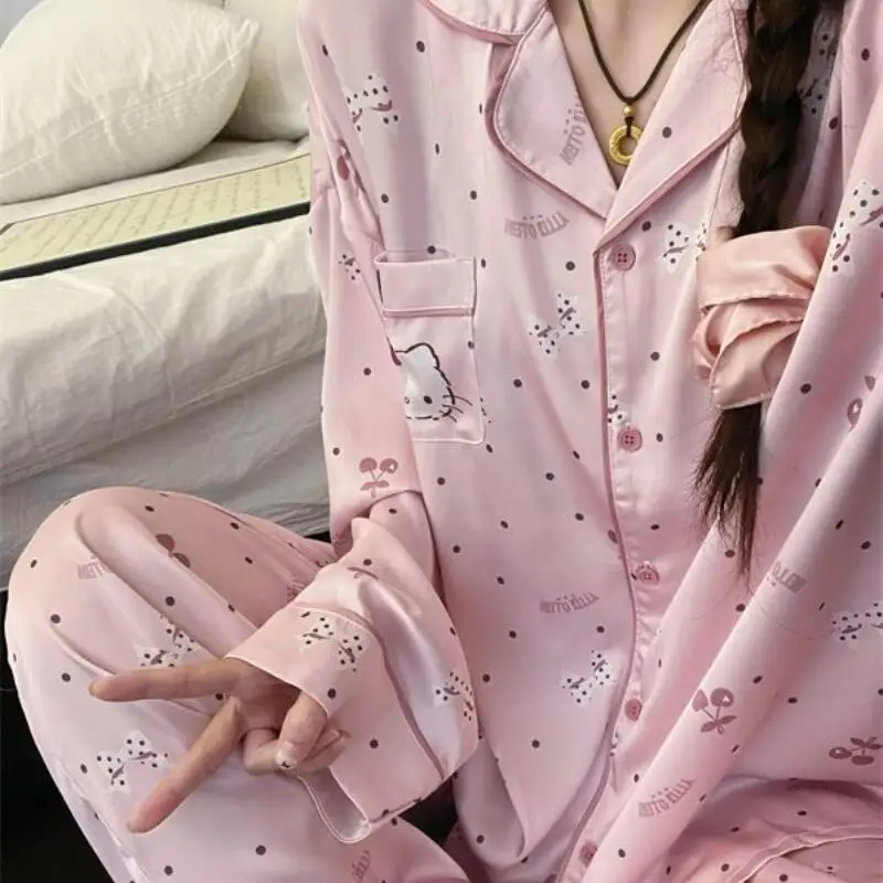 

Hello Kitty Women Sleeping Pajamas Sets Kawaii Cartoon Student Spring and Autumn Long Sleeve Pant Sleepwear Leisure Home Clothes