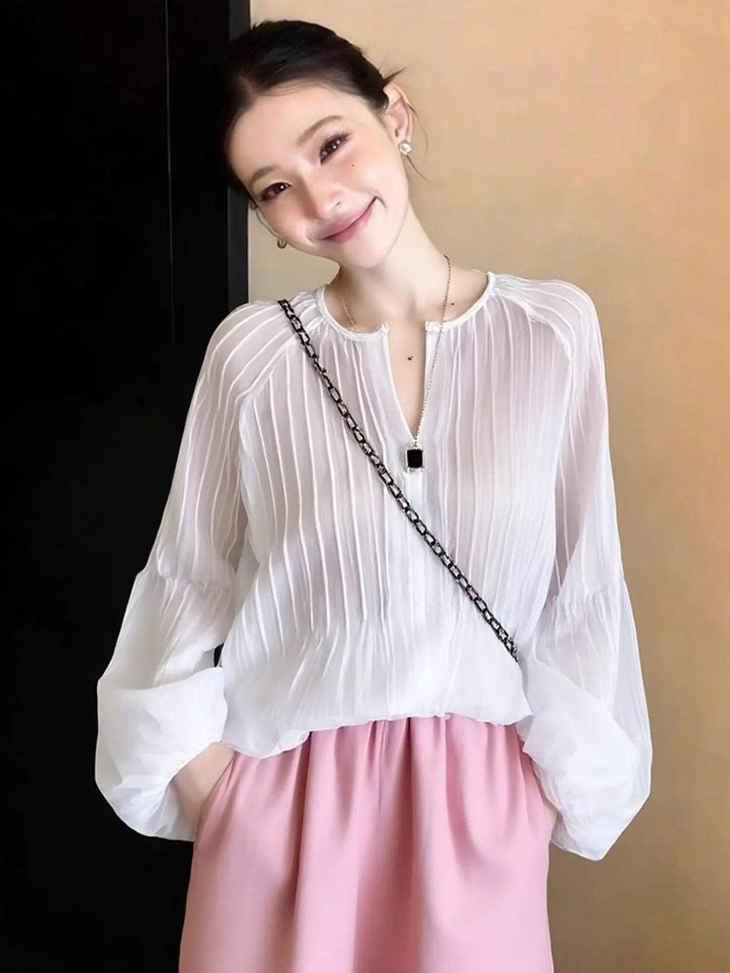 

Женская свободная блузка Ele Pure Color с длинным рукавом, повседневный топ в стиле Lazy Sle, весенняя модная универсальная прямая шелковая блузка-рубашка