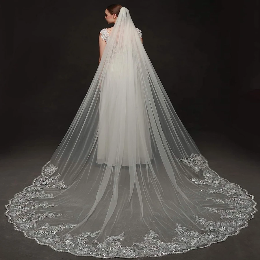 White Ivory Cathedral Wedding veils Lace Appliques Complementos de Boda Bride Wedding accessories casamento Bridal Veil