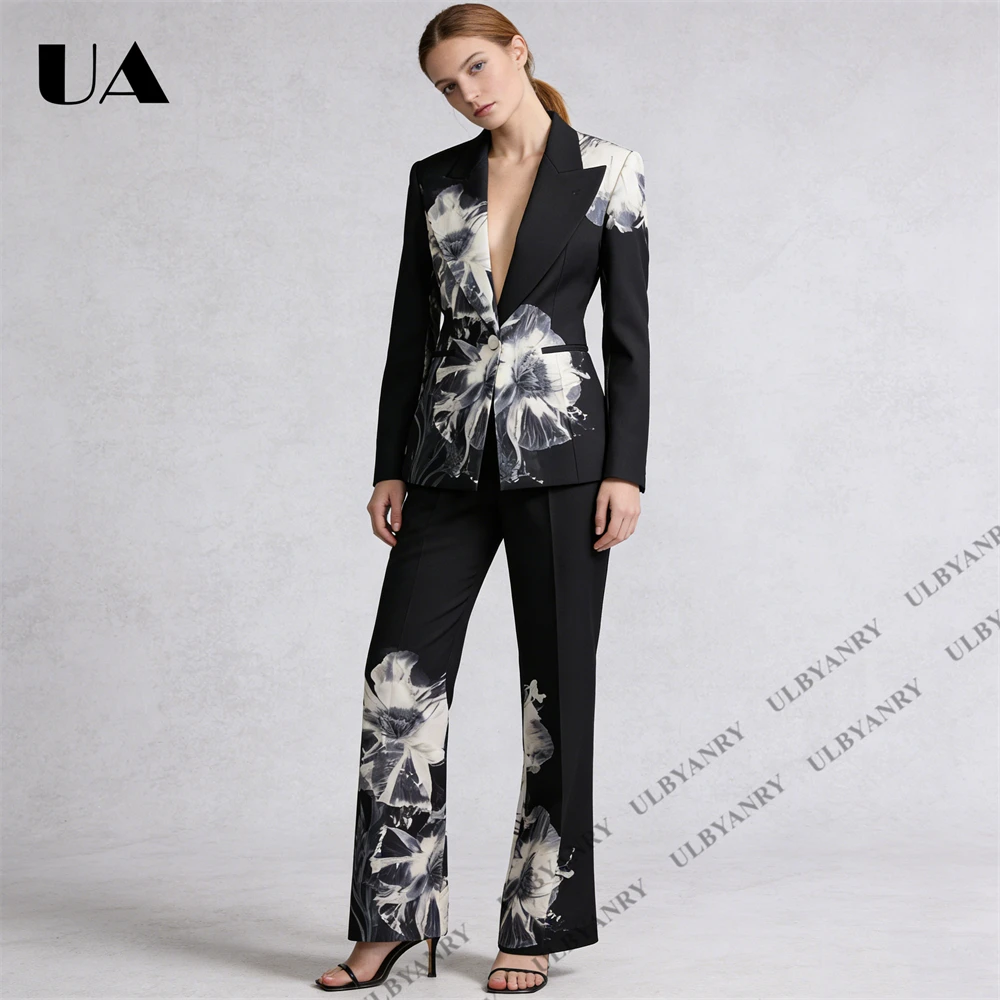Women’s Floral Print Blazer & Trousers Set, Wide Leg Pants, Elegant Office Wear or Evening Outfit 2-Piece Slim Fit Suits