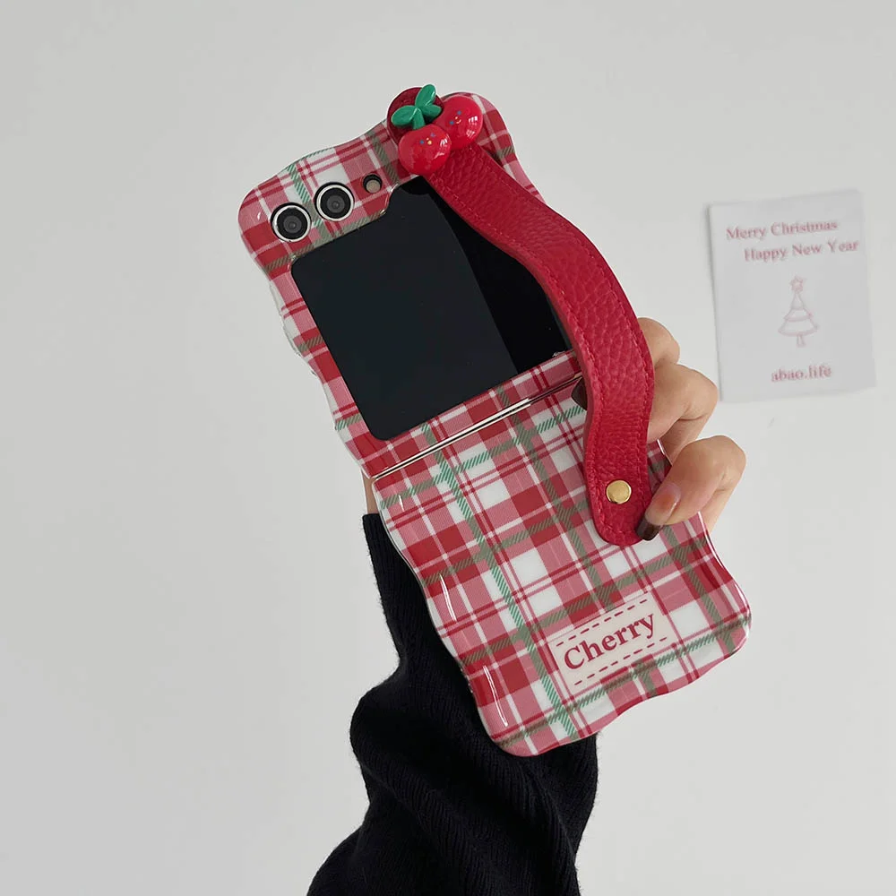 Wrist Strap Case For Samsung Z Flip 5 Cute 3D Cherry Cover For Galaxy Z Flip 4 5 Z flip 3 Plaid Soft Silicone Wave Edge Cover