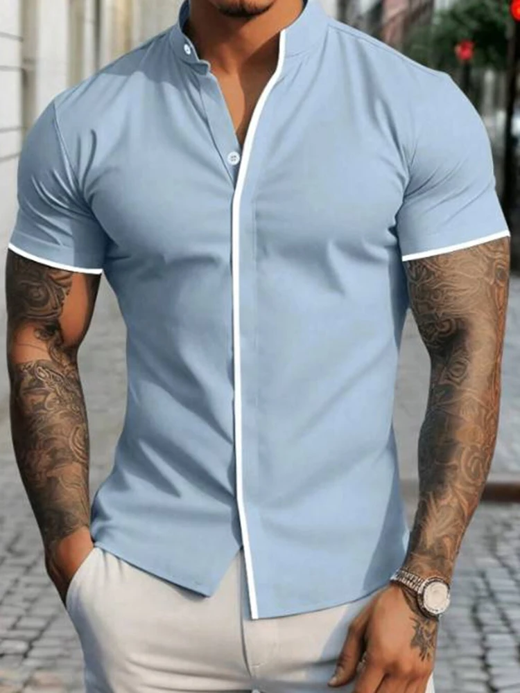 

Men's Elegant Short Sleeve Shirt Stand Collar Single-Breasted Casual Fashion Streetwear Tops For Male Daily Light Business Shirt