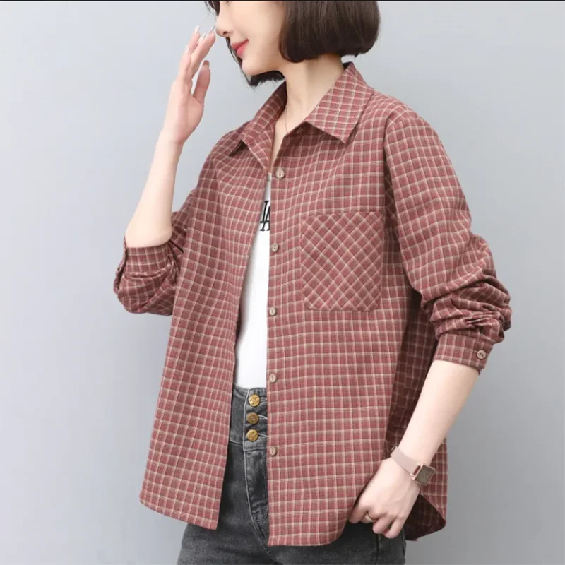 Damska koszula w kratę z czystej bawełny, luźna koszula damska na jesień zapinana na guziki, koszula damska, codzienna bluzka damska, topy