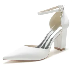 Simple Wedding Shoes for Bride Block Heel Pointed Toe Satin Women Heels Pump for Bridal/Engagement/Evening/Prom/Party